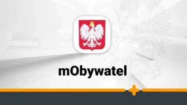 Logo aplikacji mObywatel z godłem Polski na tle graficznym z orłem