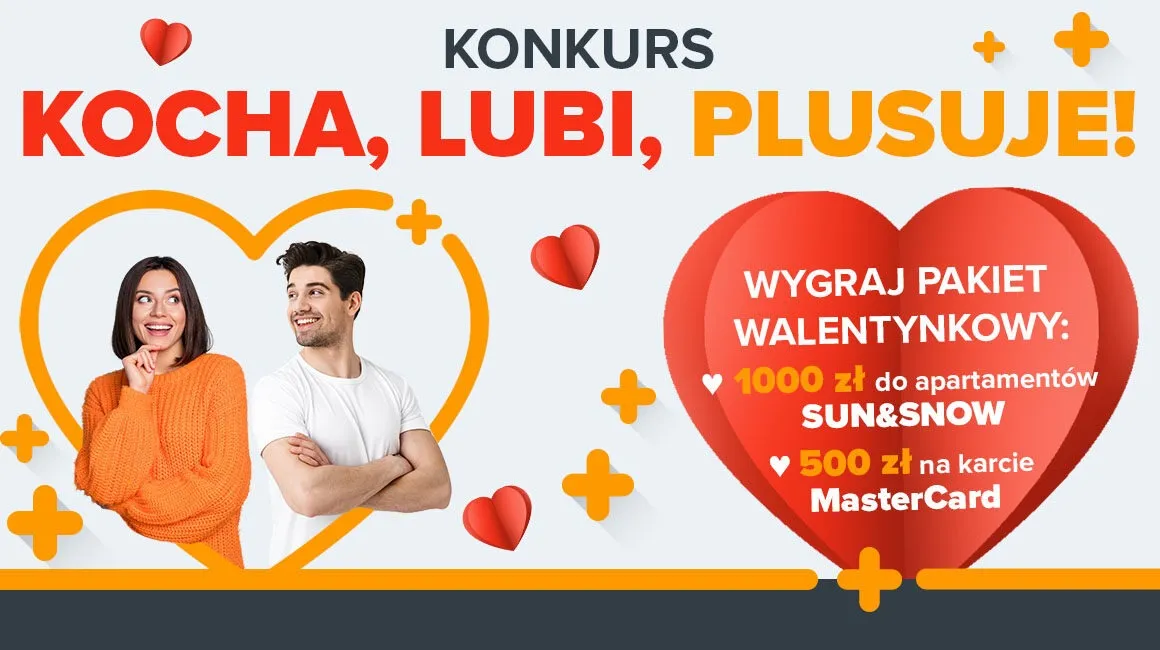 Para w sercu na tle grafiki konkursu z hasłem „Kocha, Lubi, Plusuje!” z nagrodami pieniężnymi i voucherem